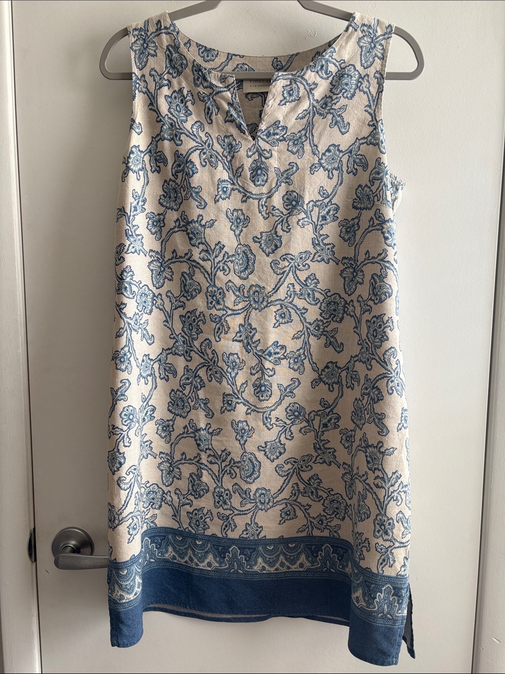 Shift Linen V Neck Preppy Modest Dress Khaki with Blue Floral Print SZ 8